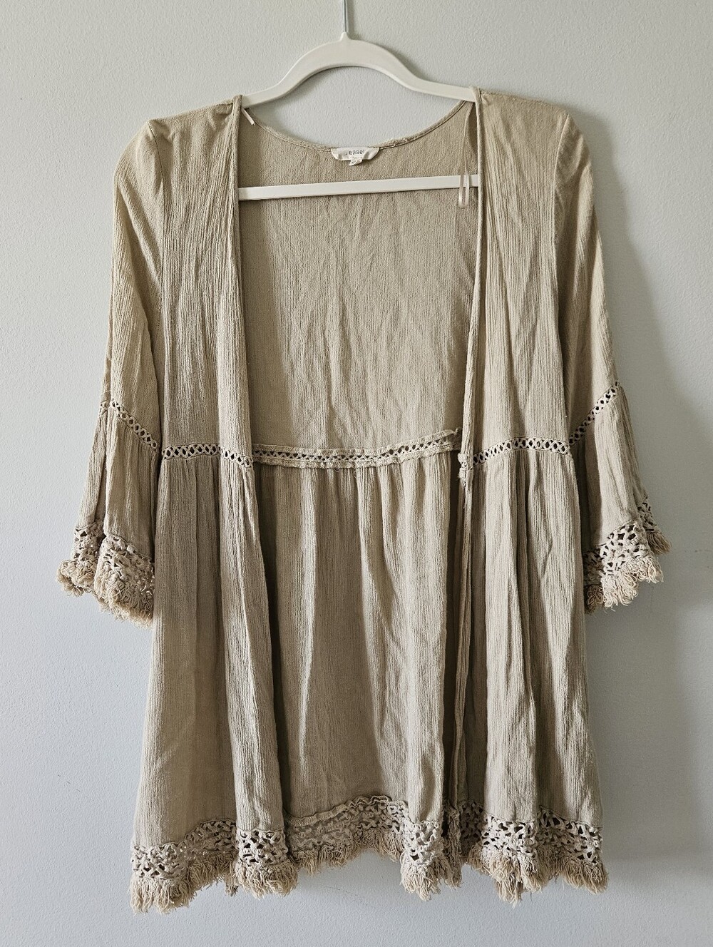 Easel Beige Crochet Trim Open Front Kimono